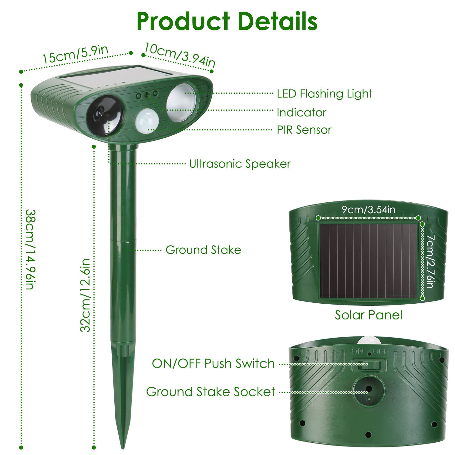 1Pc Solar Ultrasonic Animal Repeller PIR Sensor Animal Repellent Chaser With Flashing Light IPX4 Waterproof For Chasing Deer Raccoon Squirrel Rat Skunk Rabbit Mole Dog Cat Snake
