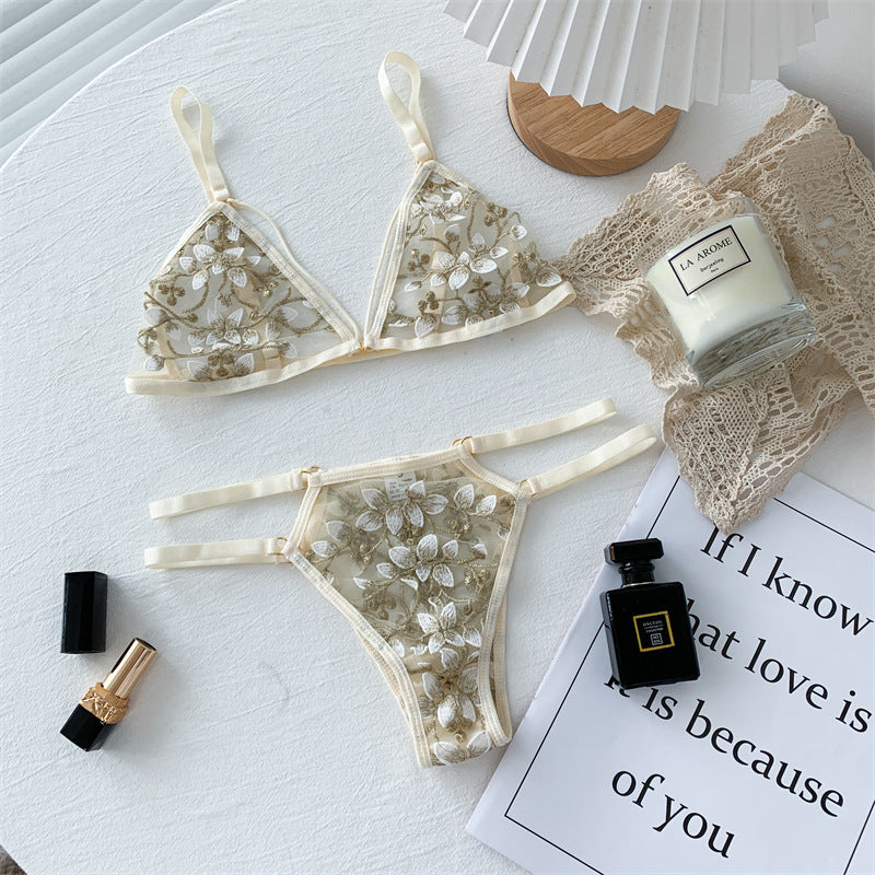 Sexy Three-point Three-dimensional Embroidered Flower Bra Panty Set