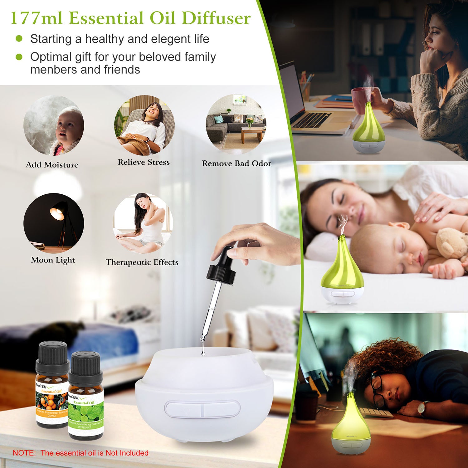 1Pc Drop Shaped Cool Mist Humidifier Ultrasonic Aroma Essential Oil Diffuser With LED Light For Office Home Room Vehicle Study Yoga Spa