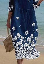 Women's Casual Round Neck Mid Sleeve Print Cotton And Linen Dress