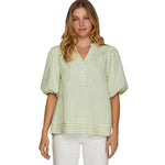 V-neck Panelled Striped Top With Puff Sleeves