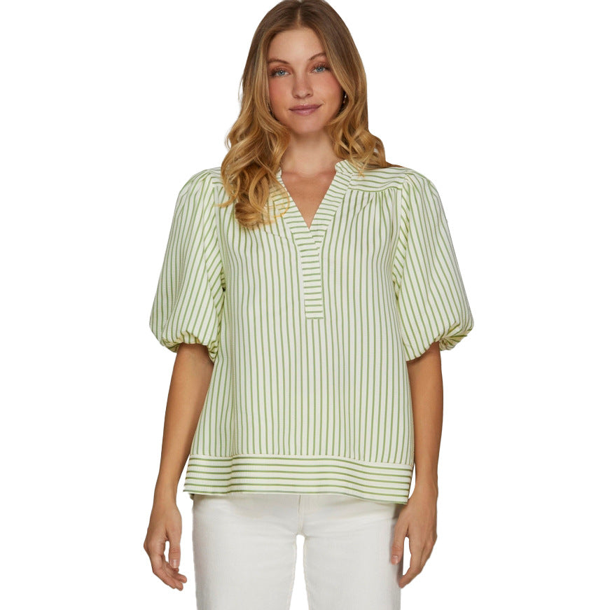 V-neck Panelled Striped Top With Puff Sleeves