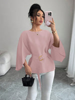 Womens Flared Sleeve Defined Waist Round Neck Lace-Up Slimming Shirt