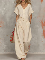 Solid-color V-neck Short-sleeve Top And Wide-leg Pants Set