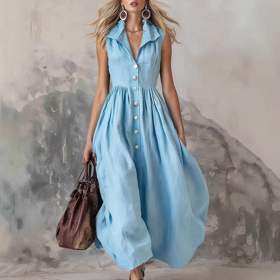 Womens Elegant Fashionable Solid-Color Lapel Slim-Fit Long Dress
