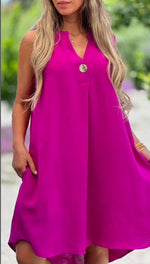 Womens Solid-Colored Sleeveless V-Neck Dress With Button Detailing