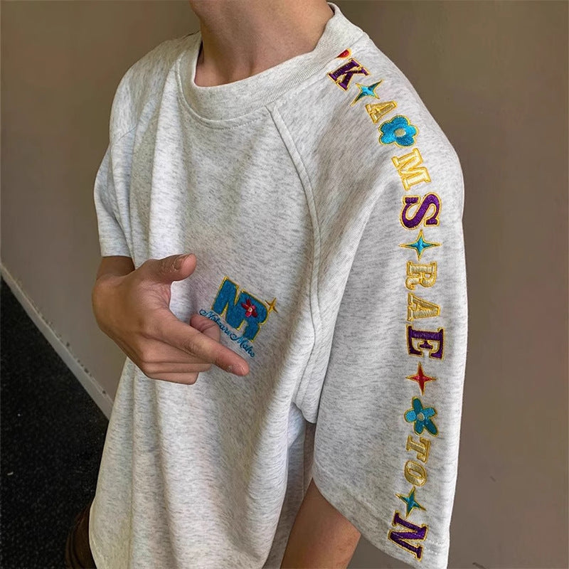 Letter-Embroidered Couple Short-Sleeve T-Shirts