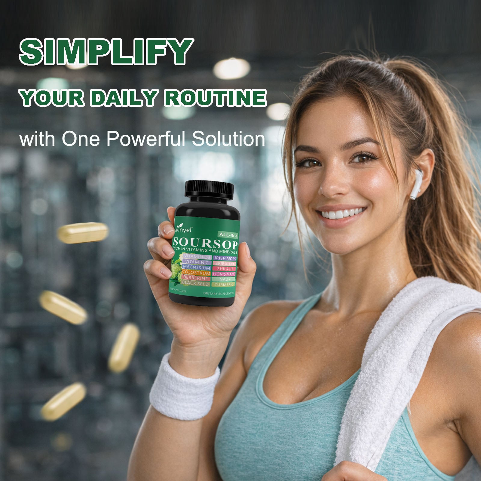 Soursop Supplement Containing 20 Herbal Extracts Including Seaweed, Lion's Mane Mushroom, Turmeric, Black Seed Oil, Oregano, And Mullein, Promoting Overall Health. Vegan, 60 Capsules.