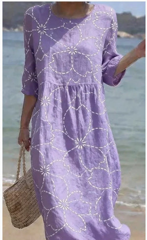 Women's Loose Round Neck Fashion Premium Long Sleeve Printed Dress