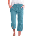 Womens Solid-Colored Drawstring Cotton-Linen Casual Loose-Fit Home Cropped Pants With Buttons And Pockets