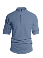 Men's Solid Color Stand Collar Long Sleeve Cotton-Linen Shirt