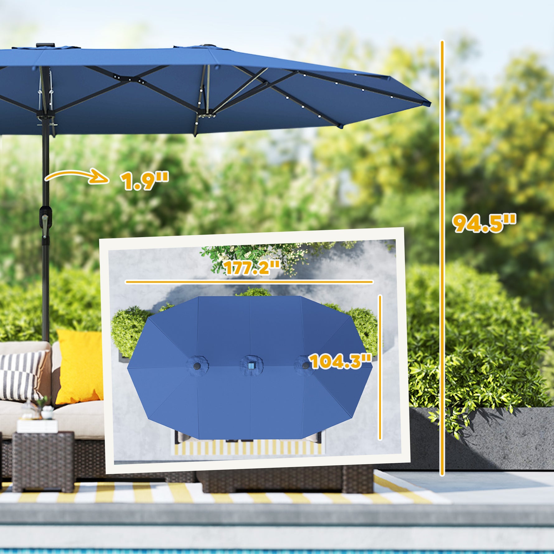 Garden Parasol, Double-Sided Sun Umbrella With LED Solar Lights, Patio Parasol For Outdoor, Blue