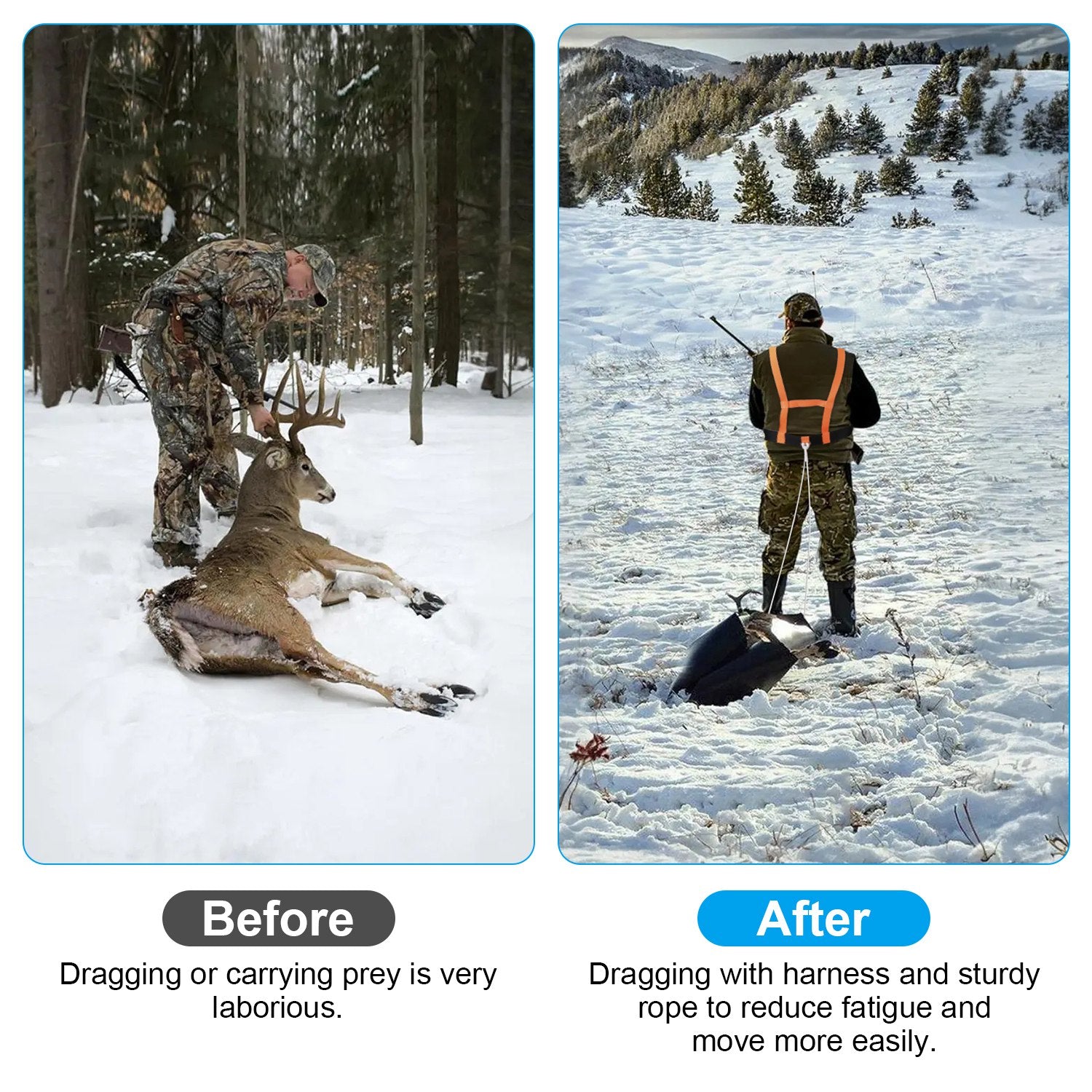 1Pc Deer Drag Sled With Dragging Harness Deer Cart Game Hauler Snow Sledding Pad Hunting Gear Supplies With 32.8FT Black Rope 16.1FT White Rope For Hunting Ice Fishing Hauling Fire Wood