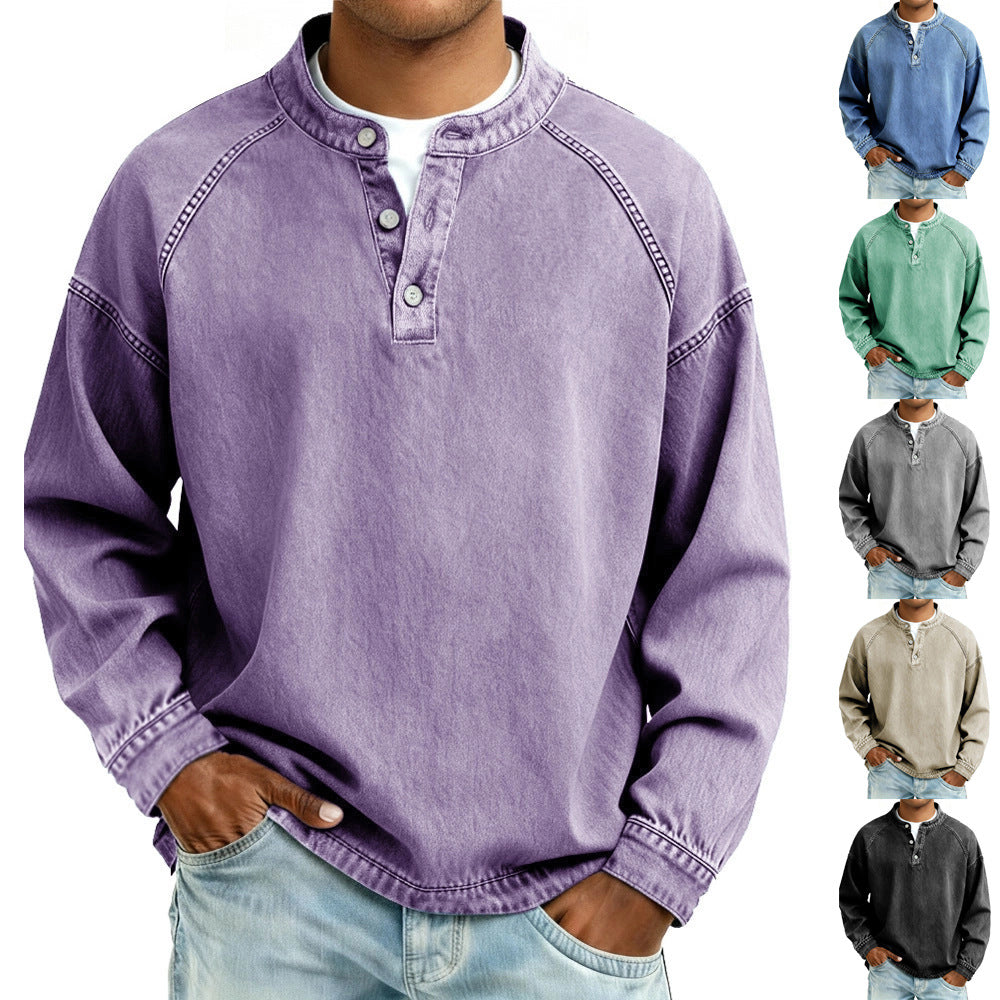 Men's Solid-Colored Casual Top Vintage Long-Sleeve Shirt