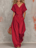 Solid-color V-neck Short-sleeve Top And Wide-leg Pants Set