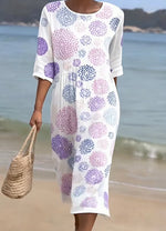 Women's Casual Round Neck Mid Sleeve Print Cotton And Linen Dress