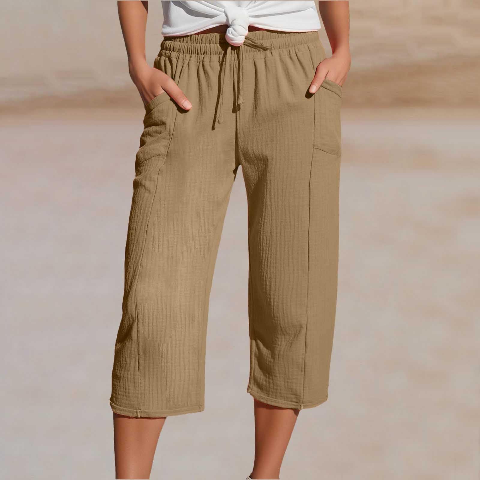 Women's Cotton-Linen Solid-Color Casual Cropped Pants With Elastic Waist