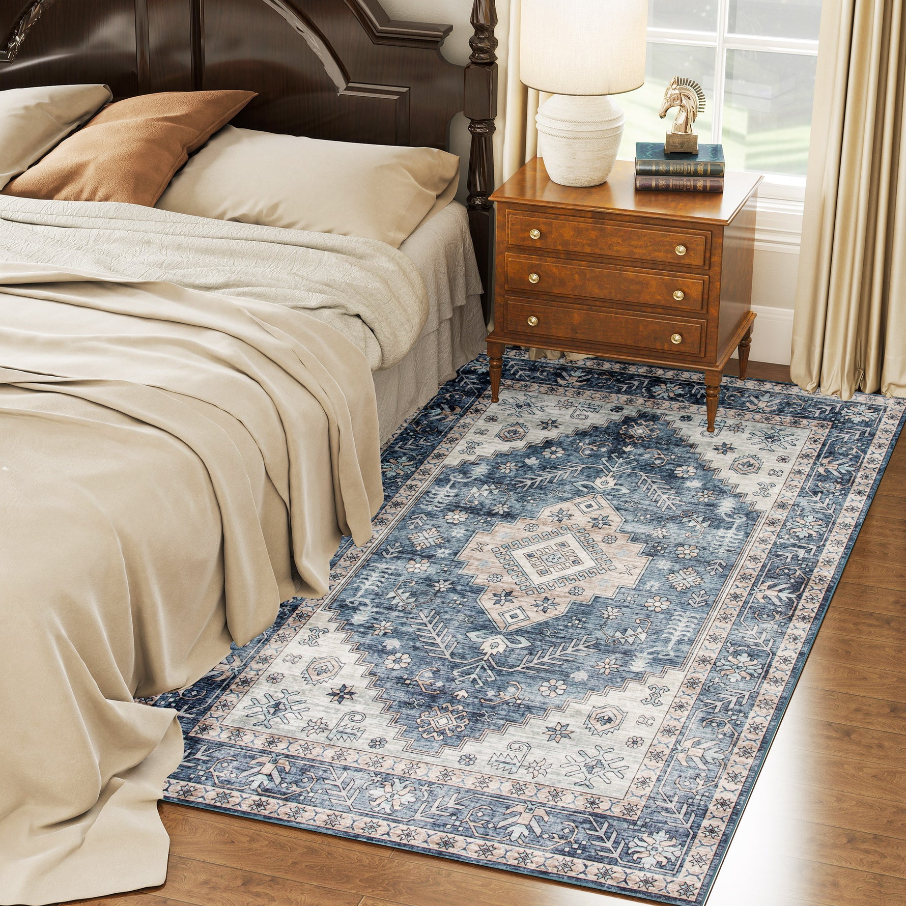 4x6 Area Rug, Vintage Washable Rug, Non-Slip Floor Carpet For Living Room, Bedroom, Dining Room, Blue