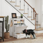 Pet Feeder Station Storage Cabinet, Dog Food Storage Container with Dog Raised Bowls, Watering Supplies, White