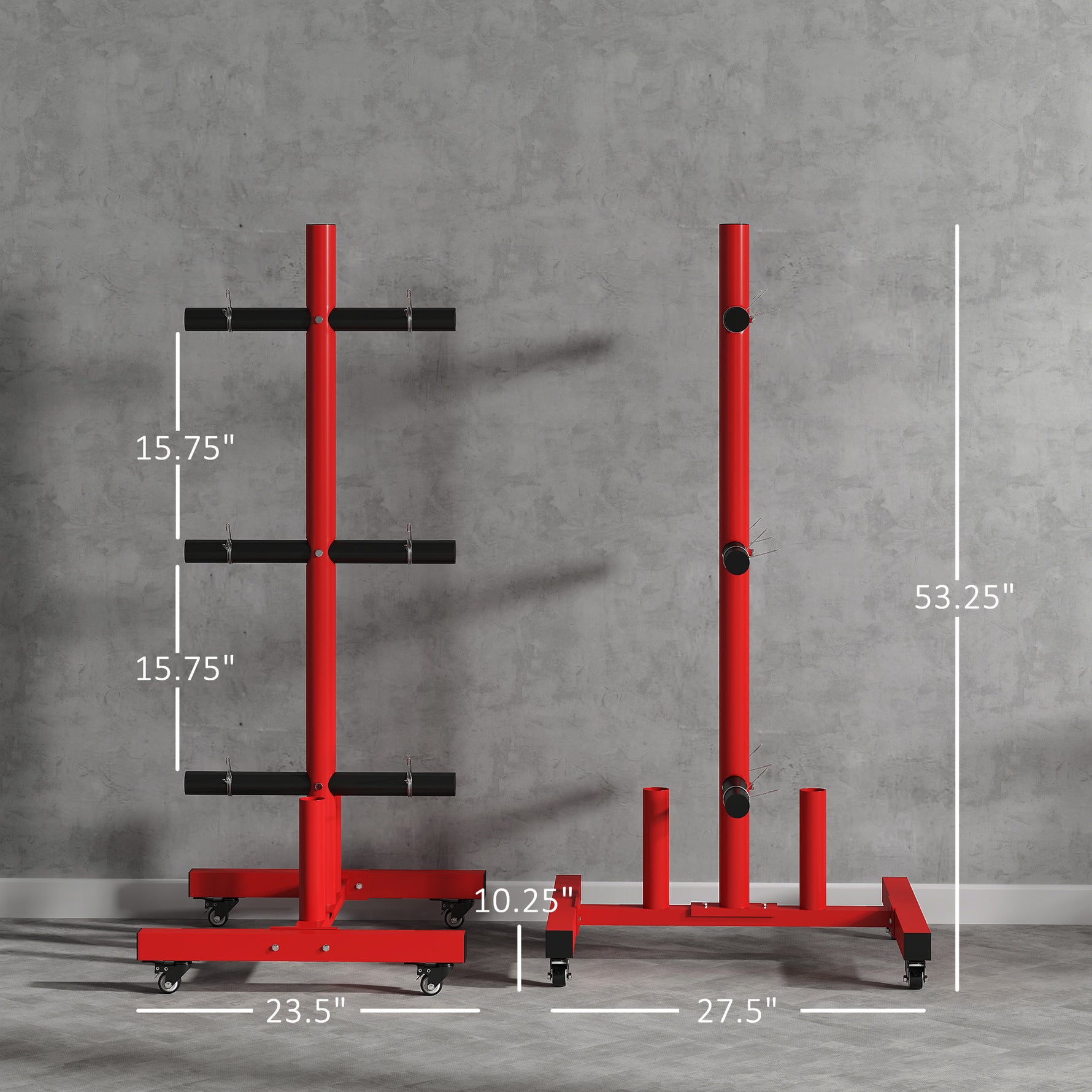 2 Inch Weight Plate Rack, Plate Rack Holder For Olympic Weight Plates And Bars, With 4 Transport Wheels And 6 Fasten Clamps, 440 Lbs. Capacity, Red