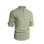 Men's Solid Color Stand Collar Long Sleeve Cotton-Linen Shirt