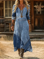 Personalized Retro Chic V-Neck Long-Sleeve Dress