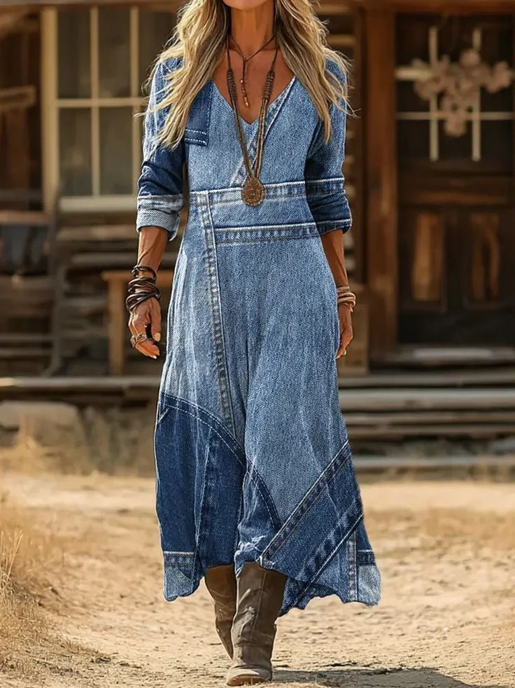 Personalized Retro Chic V-Neck Long-Sleeve Dress