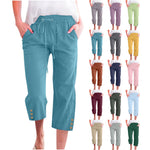 Womens Solid-Colored Drawstring Cotton-Linen Casual Loose-Fit Home Cropped Pants With Buttons And Pockets