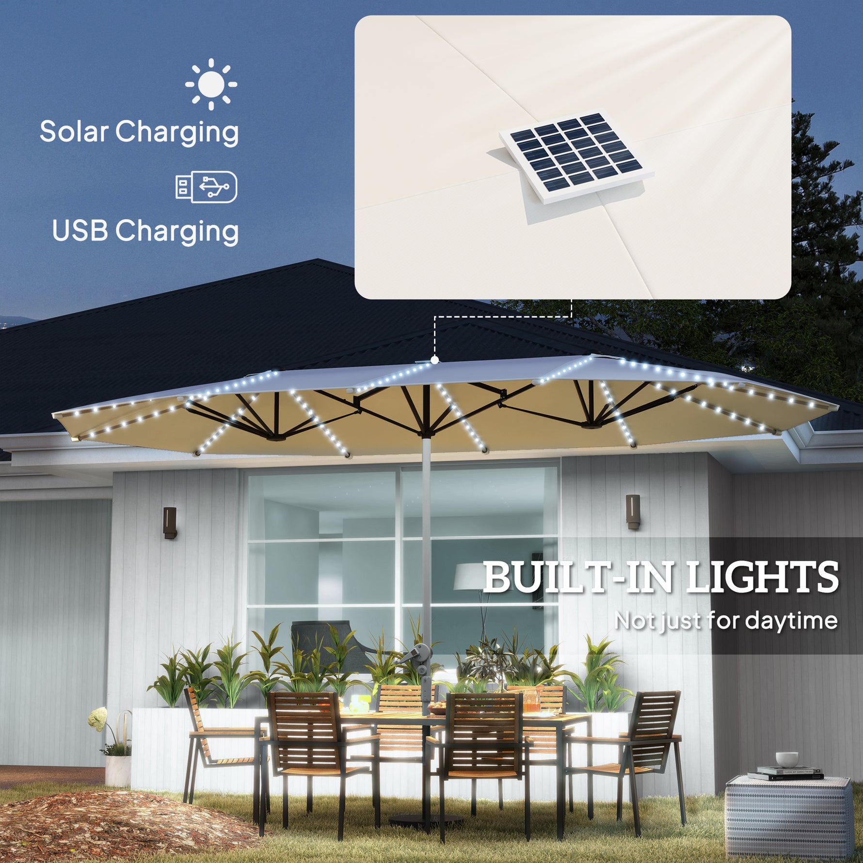 15ft Double-Sided Outdoor Umbrella With Solar Lights, Extra Large Aluminum Patio Umbrella With Crank, Cream White