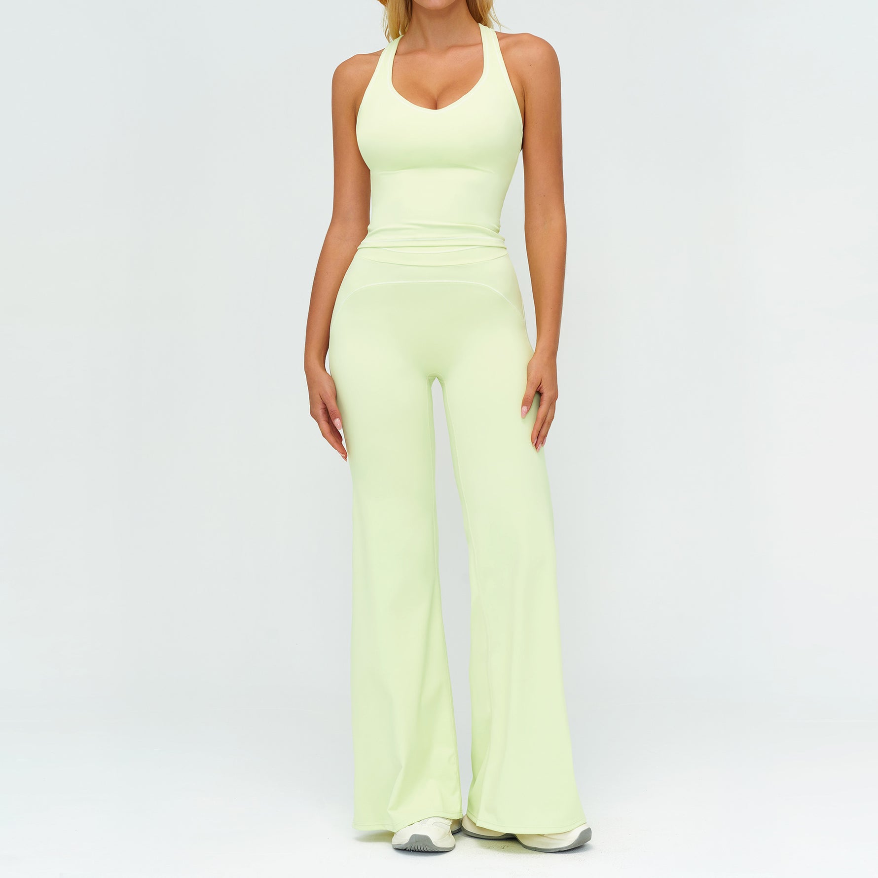 Womens Yoga Set V-neck Sleeveless Tops And Slim Straight Pants Summer Gym Sports Clothing