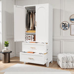 71inch Tall Metal Wardrobe Cabinet With 2 Drawers And Hanging Rod, 2 Doors Wardrobe Closet With Shelf For Bedroom, Office, Laundry Room,Entryway ,Foyer,Guesthouse White