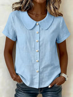Womens Solid-Colored Short-Sleeve Casual Loose Cotton-Linen Shirt