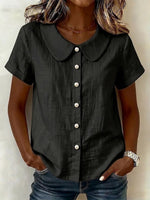 Womens Solid-Colored Short-Sleeve Casual Loose Cotton-Linen Shirt