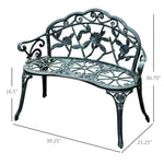 Outdoor Bench, Cast Aluminum Outdoor Furniture, Metal Bench With Floral Rose Accent & Antique Finish, Green