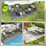 Reversible Outdoor Rug, Waterproof Plastic Straw With Carry Bag, 9 X 18, Black & Gray Rhombus Patchwork