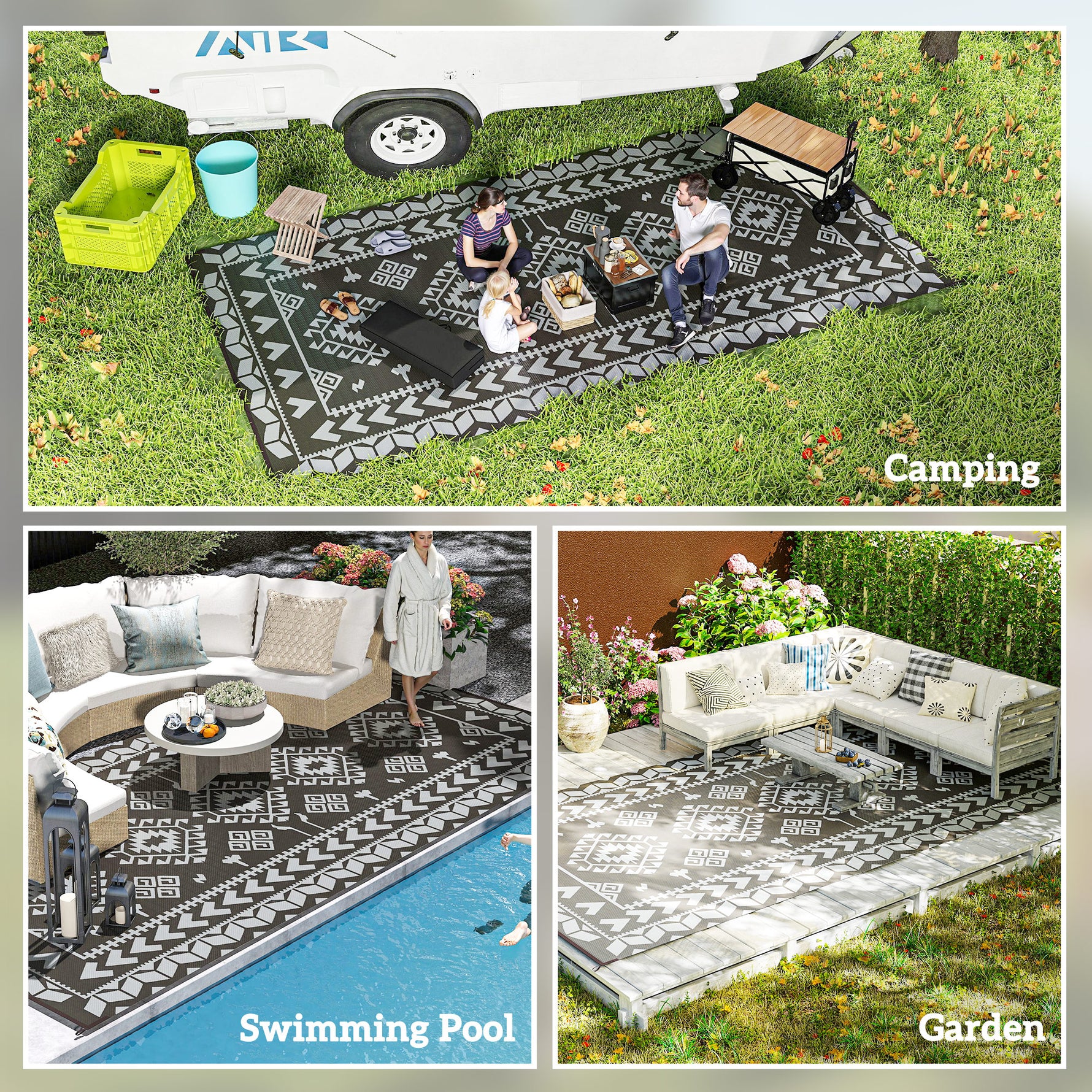 Reversible Outdoor Rug, Waterproof Plastic Straw With Carry Bag, 9 X 18, Black & Gray Rhombus Patchwork