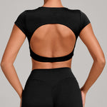 Womens Double-Stitched No-Cup Yoga Fitness Short-Sleeve Top