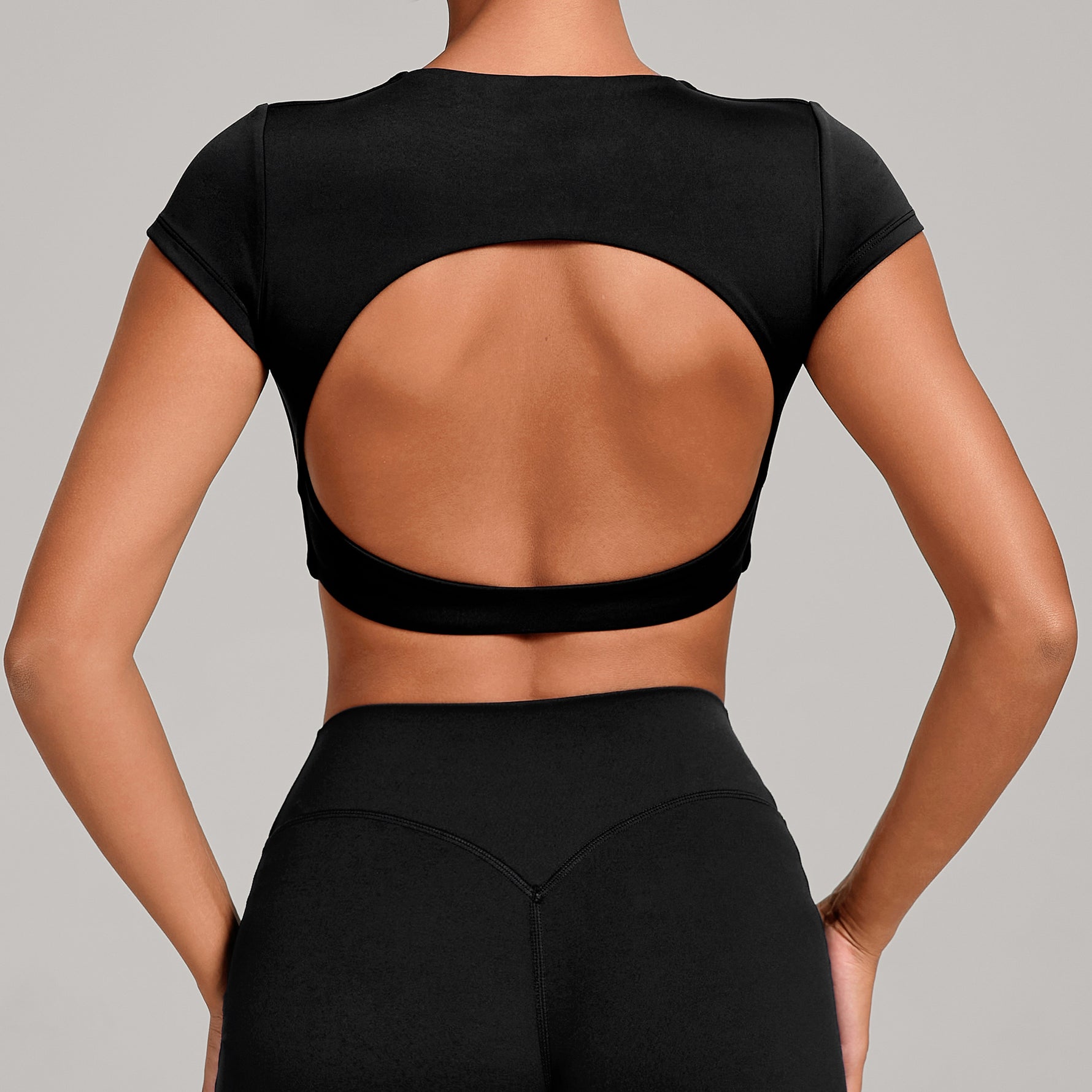 Womens Double-Stitched No-Cup Yoga Fitness Short-Sleeve Top