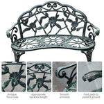 Outdoor Bench, Cast Aluminum Outdoor Furniture, Metal Bench With Floral Rose Accent & Antique Finish, Green