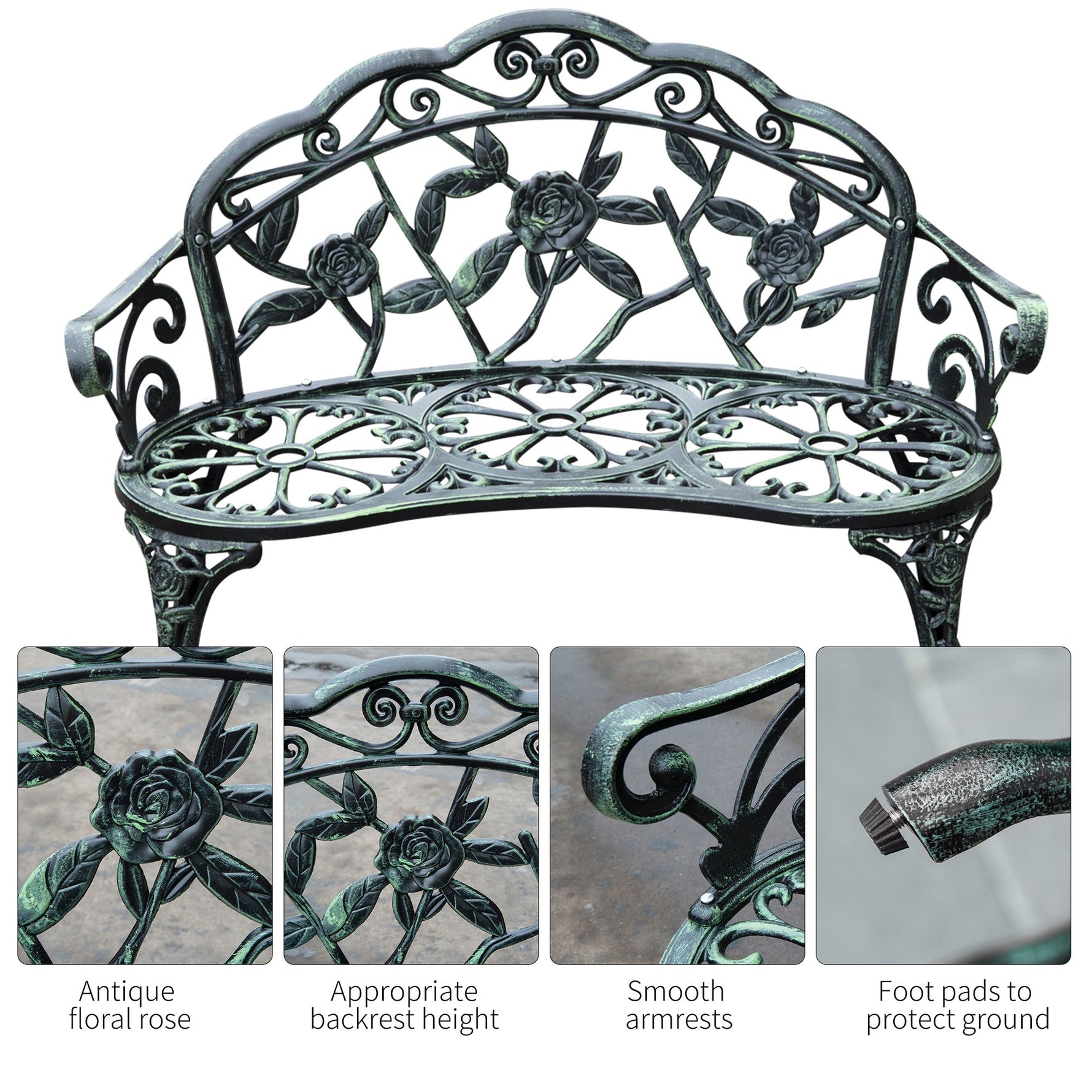 Outdoor Bench, Cast Aluminum Outdoor Furniture, Metal Bench With Floral Rose Accent & Antique Finish, Green