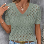 Best Selling Knitted V-neck Short-sleeved Top Hollow Out