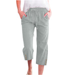 Womens Solid-Colored Drawstring Cotton-Linen Casual Loose-Fit Home Cropped Pants With Buttons And Pockets