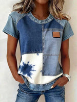 Color-block Printed Short-sleeve Womens Loose Top