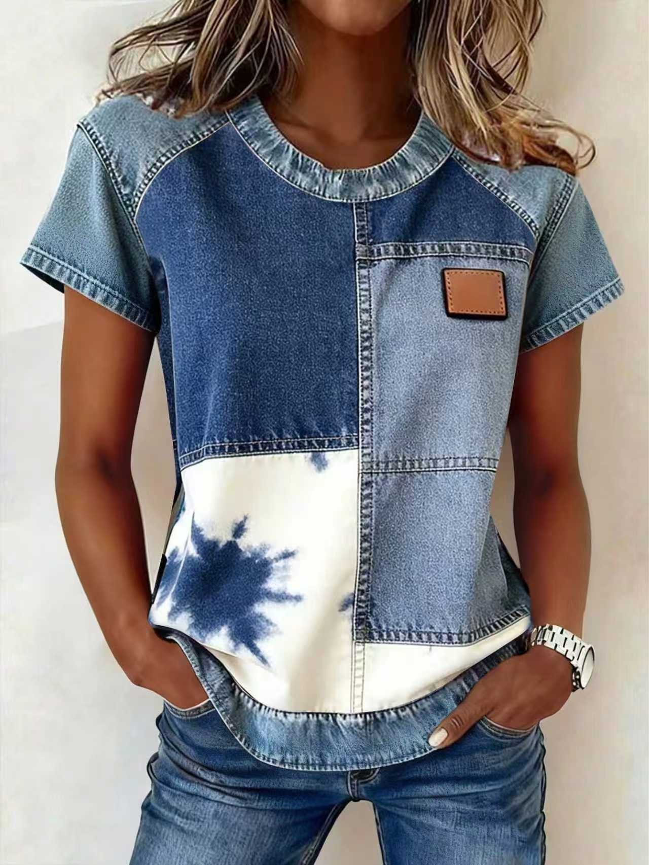 Color-block Printed Short-sleeve Womens Loose Top
