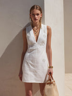 Elegant White Cotton-Linen Embroidered V-Neck Mini Dress For Women