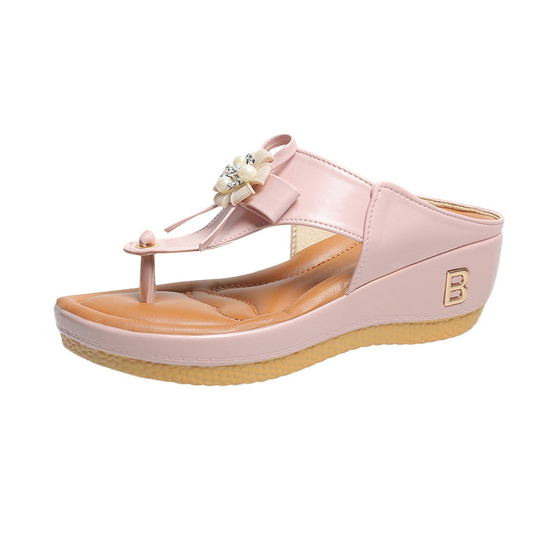 Women's Flower Wedge Heel Platform Flip Flops Plus Size Beach Slippers