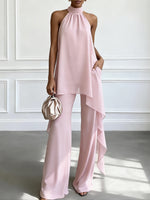 Womens Backless Sleeveless Irregular Top And Pants Two-Piece Set