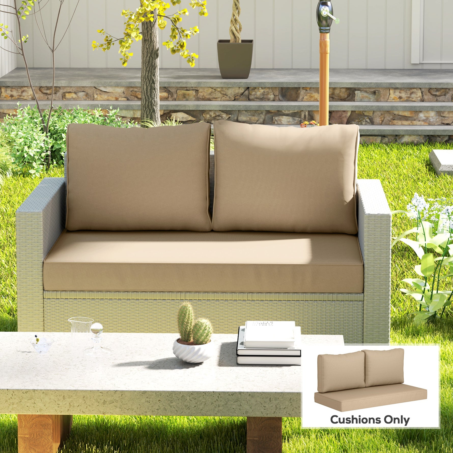 2 Seat Patio Furniture Cushions, 46x26x5 in, Thick Outdoor Loveseat Cushion Set with Removable Cover, Fade-Resistant Replacement Cushions for Outdoor Furniture, Couch, Bench, Swing, Beige
