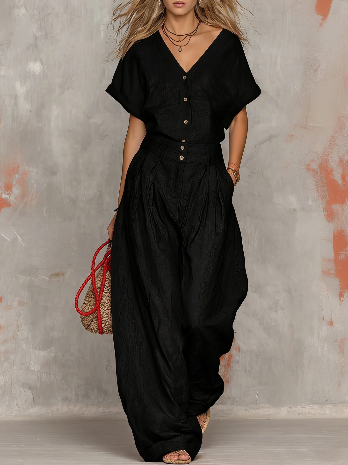 Solid-color V-neck Short-sleeve Top And Wide-leg Pants Set