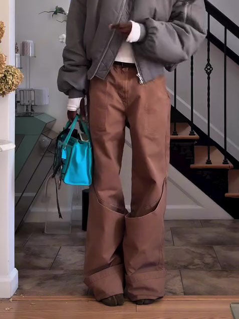 Brown Side Cutout Deconstructed Wide Leg Cargo Pants